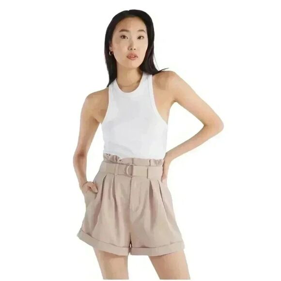 Just Fab Women's Taupe Poly/Rayon/Spandex Lightweight Paperbag Shorts w Pockets - Picture 2 of 12